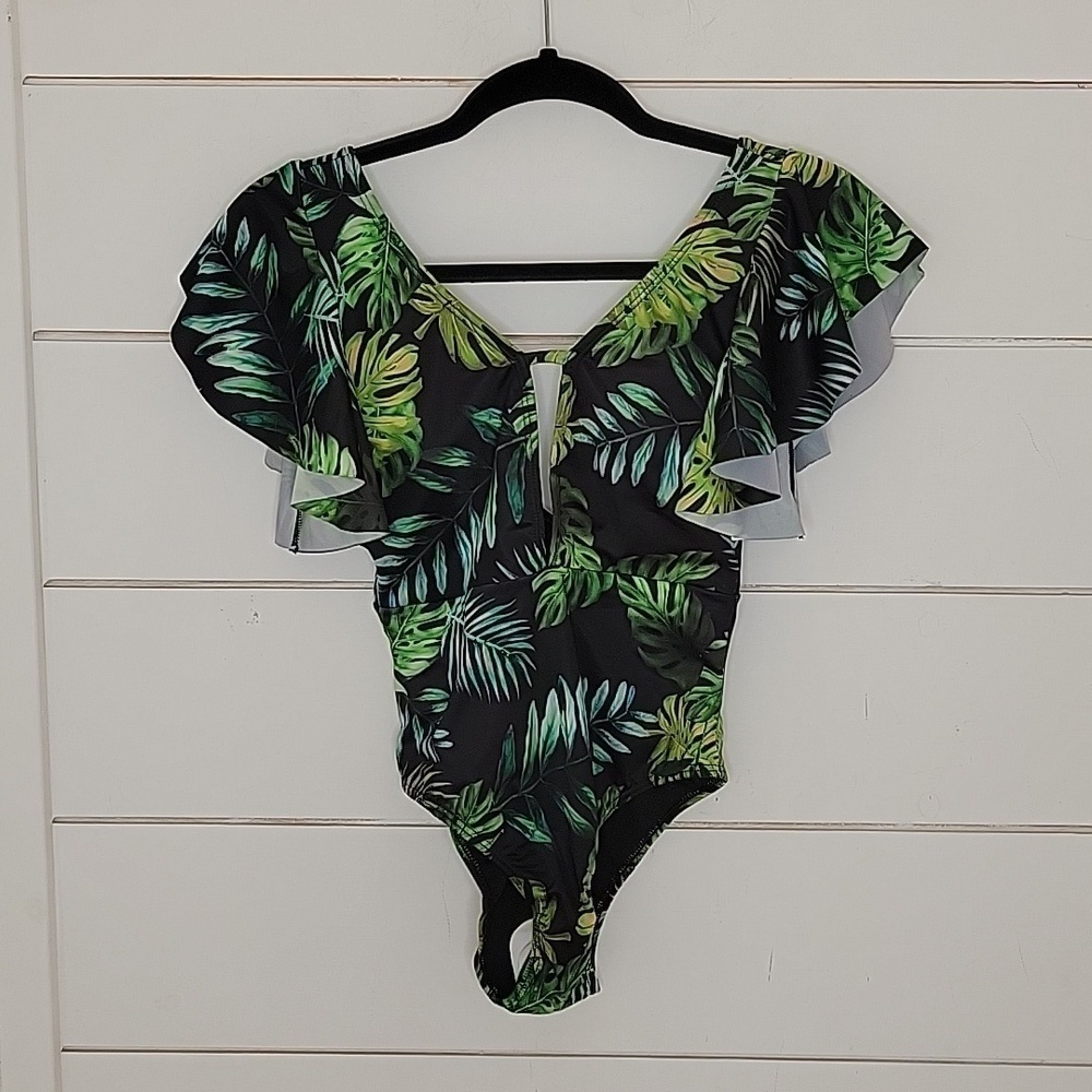 NWT Cacelin one piece swimsuit black with palm leaves